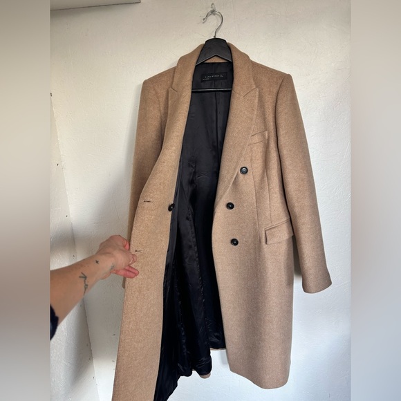 RARE Zara Tan Camel Wool Blend Double Breasted Tailored Fit Winter Trench Coat - Picture 11 of 16